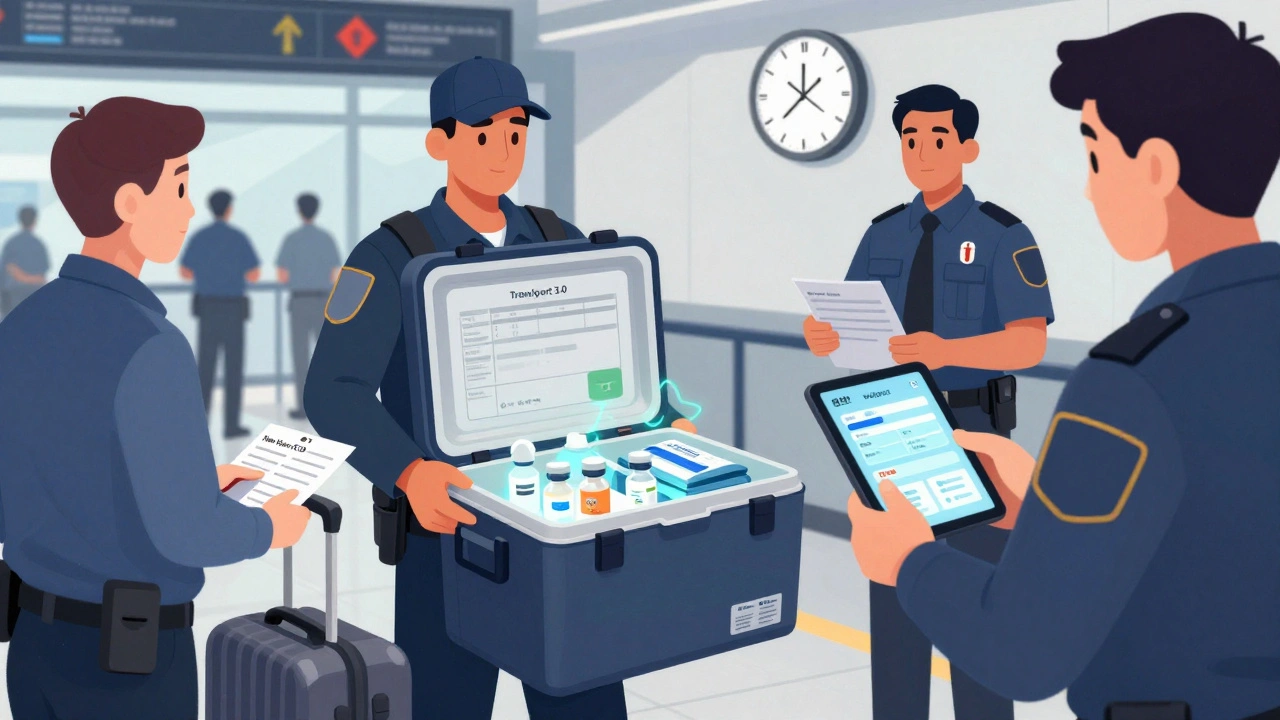 Portable medical cooler with insulin and gel packs being screened at airport security.