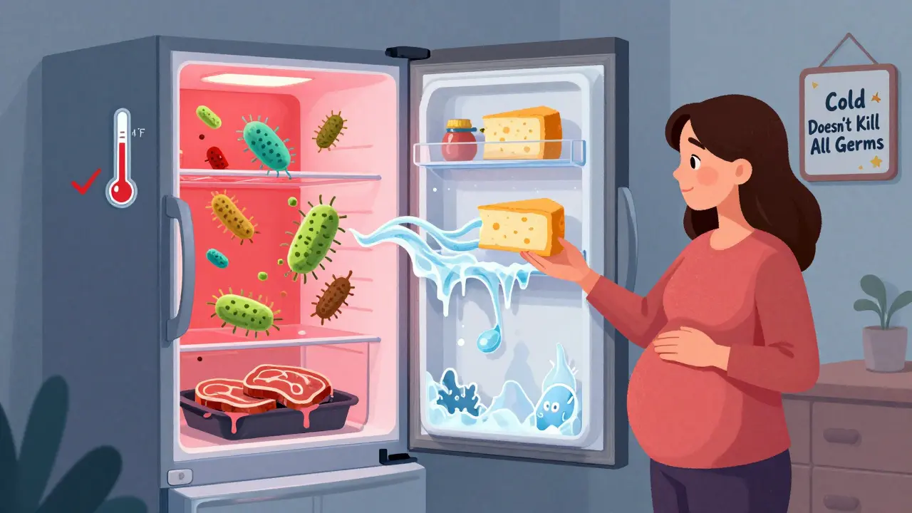 Refrigerator with glowing Listeria bacteria on deli meat and dripping pan, pregnant woman reaching for cheese.