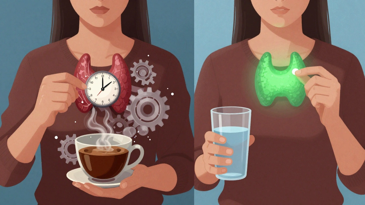 Side-by-side scenes showing coffee interfering with thyroid medication versus proper timing with water.