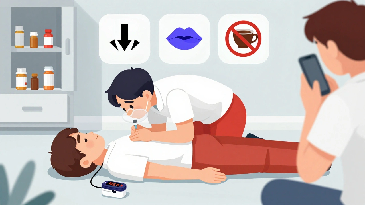 Someone performs rescue breathing on an unconscious person, with oxygen monitor and emergency call in background.