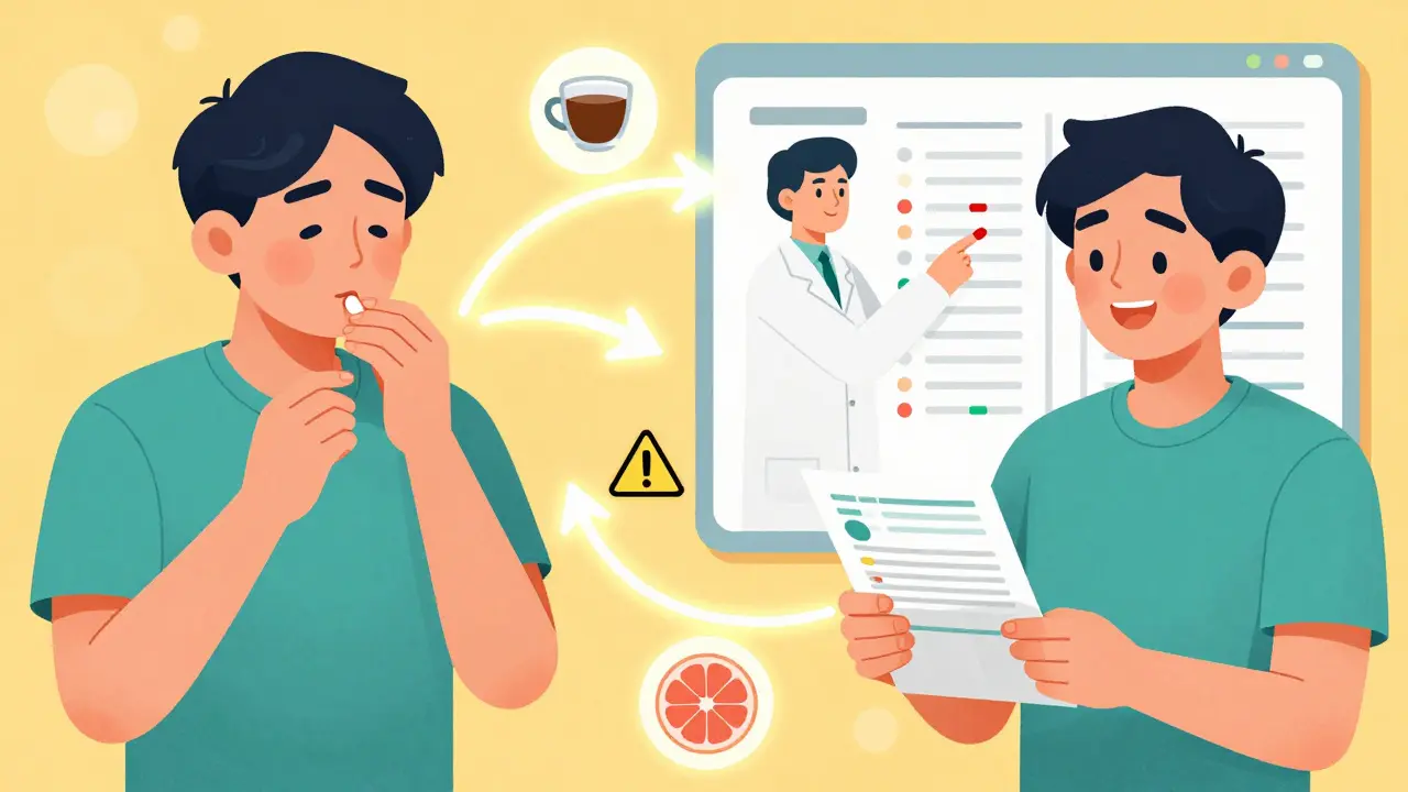 Split illustration showing safe vs. unsafe medication use with interaction warnings.