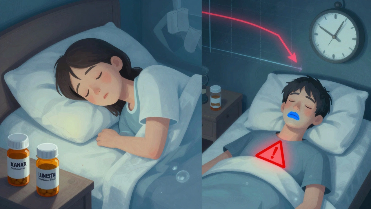 Split image: peaceful sleep vs. overdose with fading oxygen levels and pill bottles.