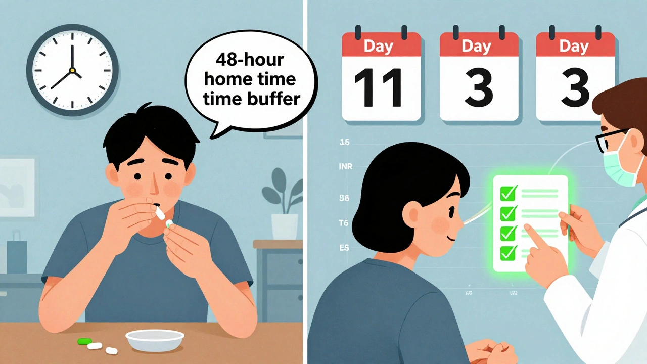 Split scene of medication dosing in two time zones with stabilizing health graph.