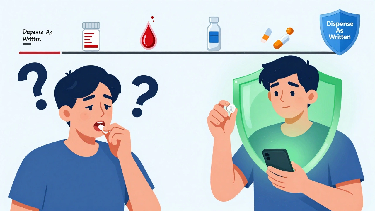 Split scene: person hesitating with pill vs. confident with safety shield, showing transition from handwritten to electronic prescriptions.