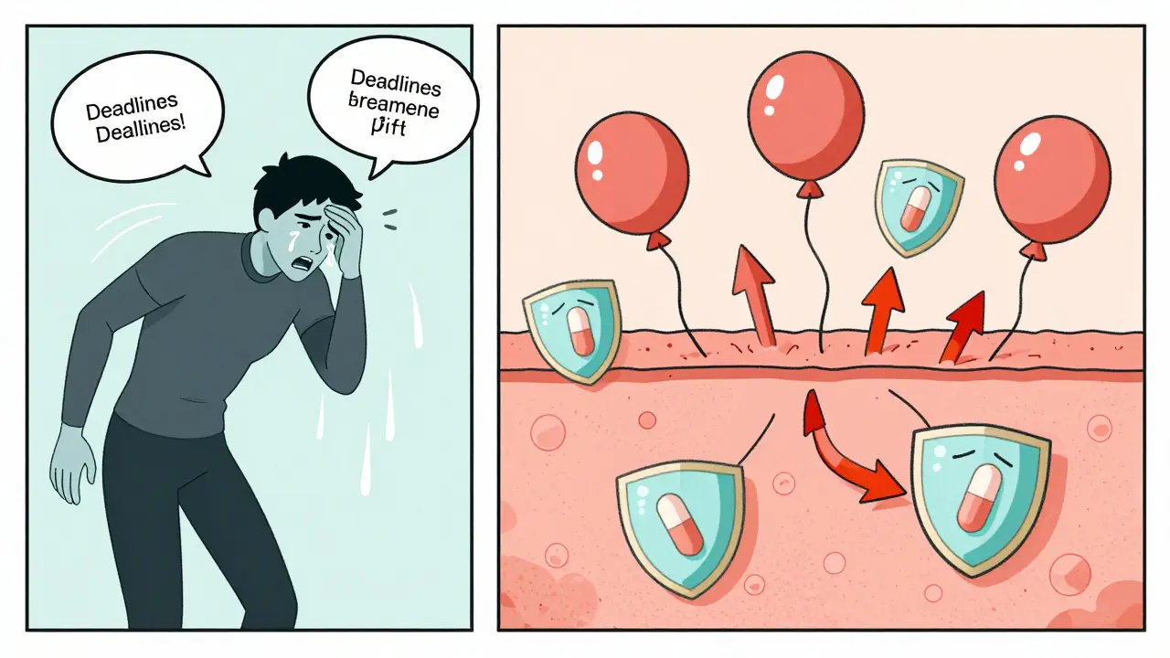Triggers like stress and cold air turning into arrows causing hives, blocked by antihistamine pills.
