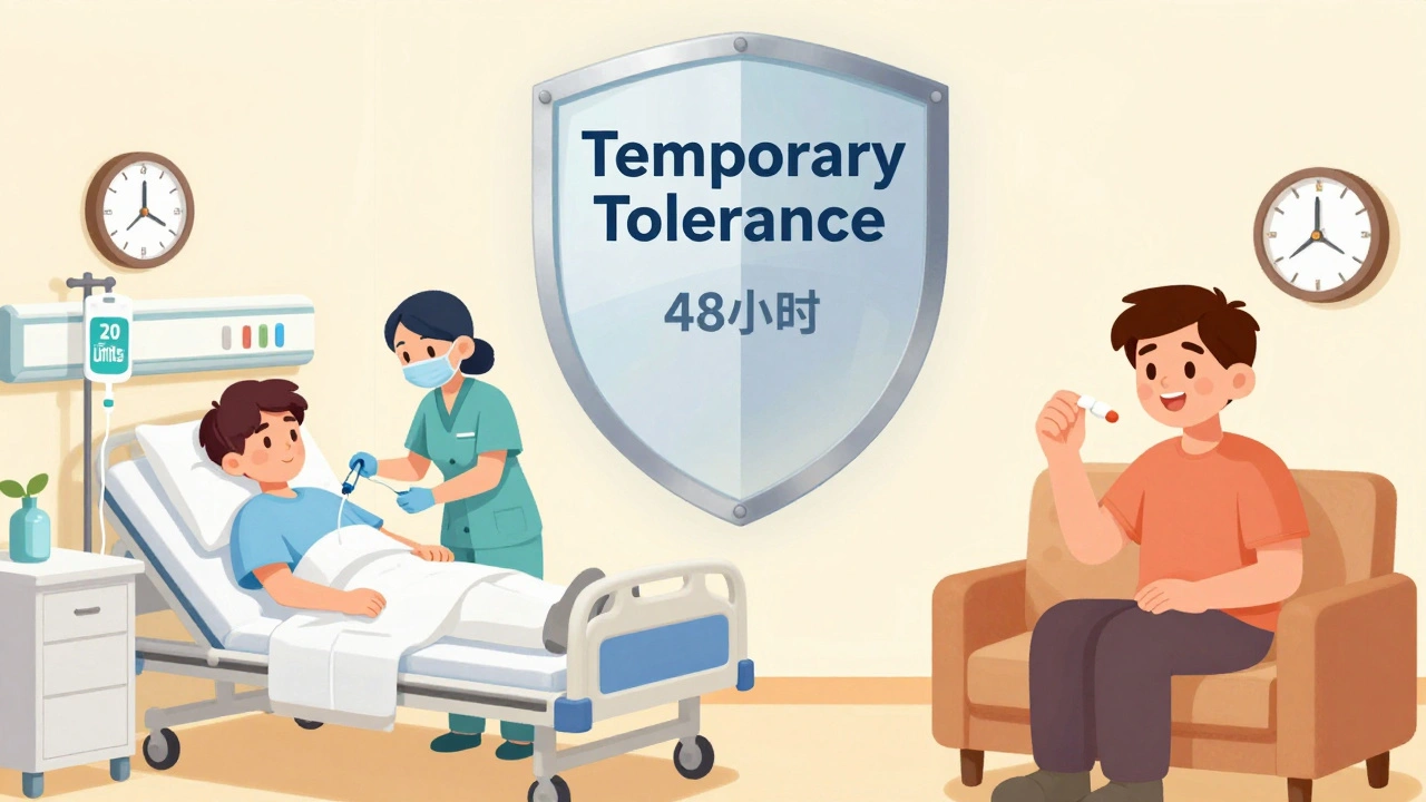 Two patients undergoing IV and oral penicillin desensitization, with a fading tolerance shield above them.
