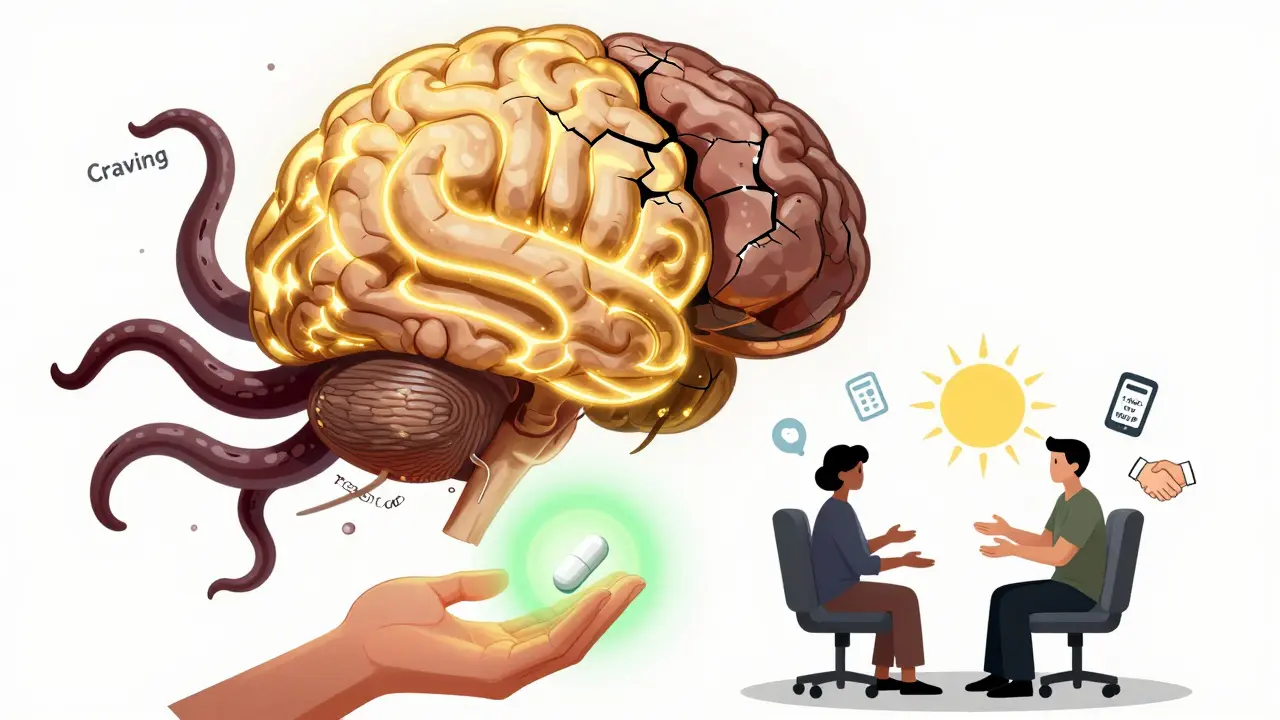 A brain with a hijacked reward system and dimmed self-control region, with a green-haloed pill and recovery symbols nearby.