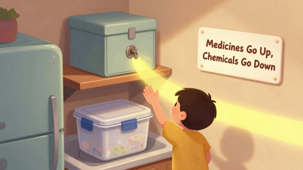 A child reaching for medicine blocked by a yellow barrier, with meds on a high shelf and cleaners under the sink.