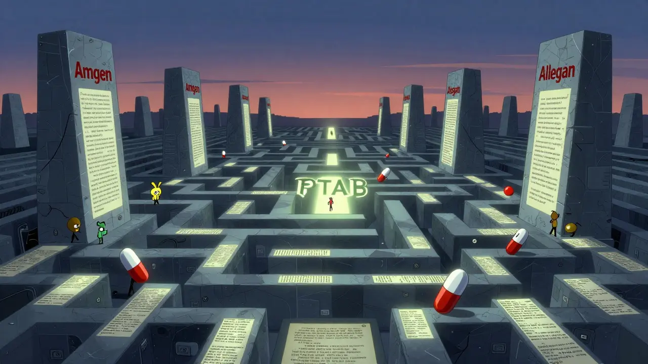 A maze of patent clauses blocking generic drugs, with monuments labeled Amgen and Allergan, and a glowing PTAB path.