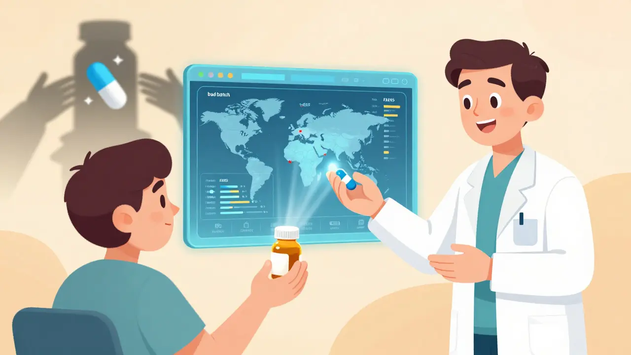 A patient and pharmacist sending a pill into a digital dashboard that tracks manufacturing safety alerts.