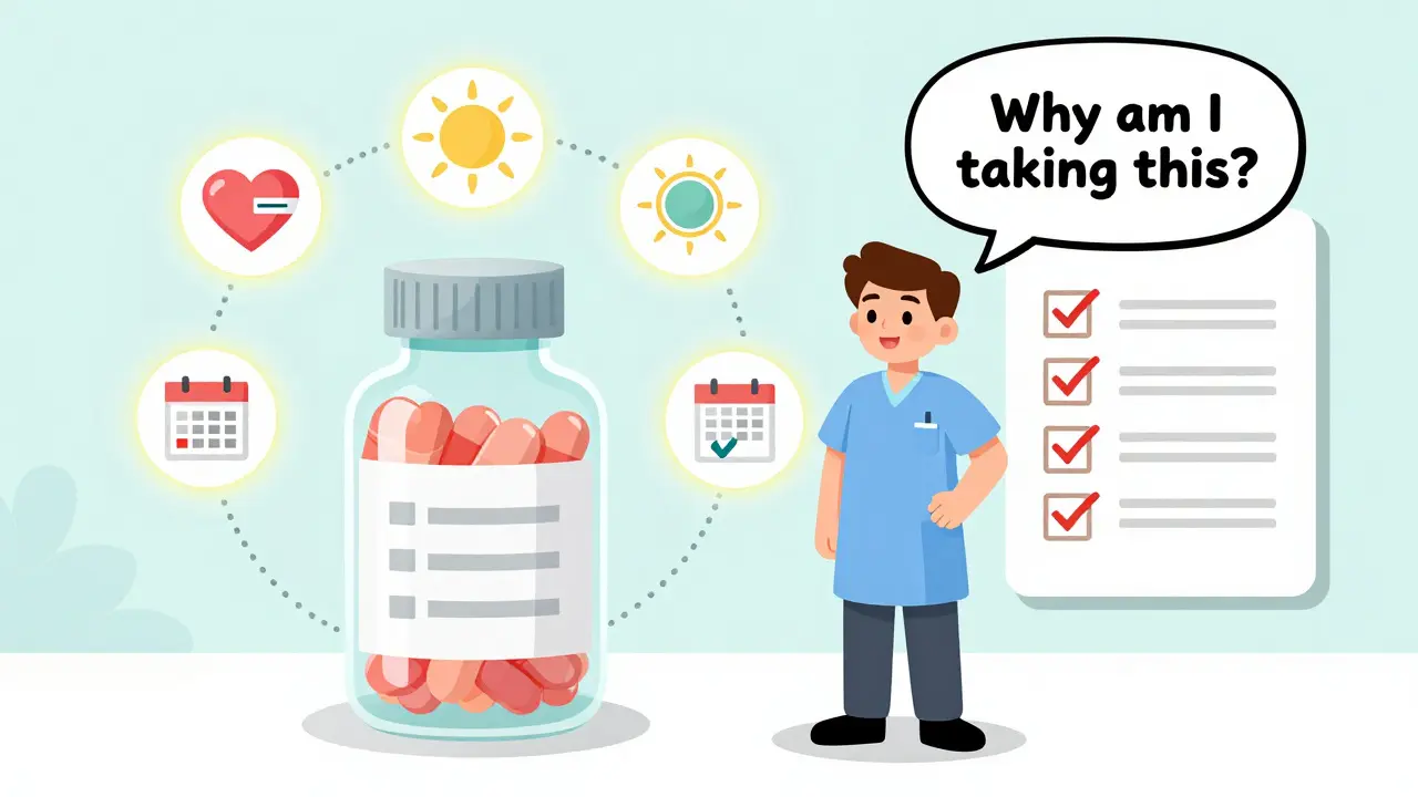 A patient beside a floating pill bottle with glowing icons representing key label information and a checklist.