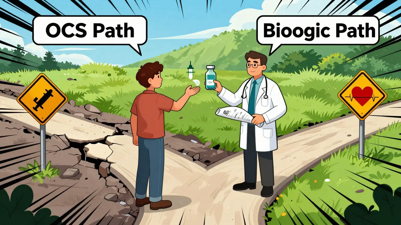 A patient choosing between harmful steroid dependence and a healthier path with biologics, guided by medical guidelines and hopeful symbols.