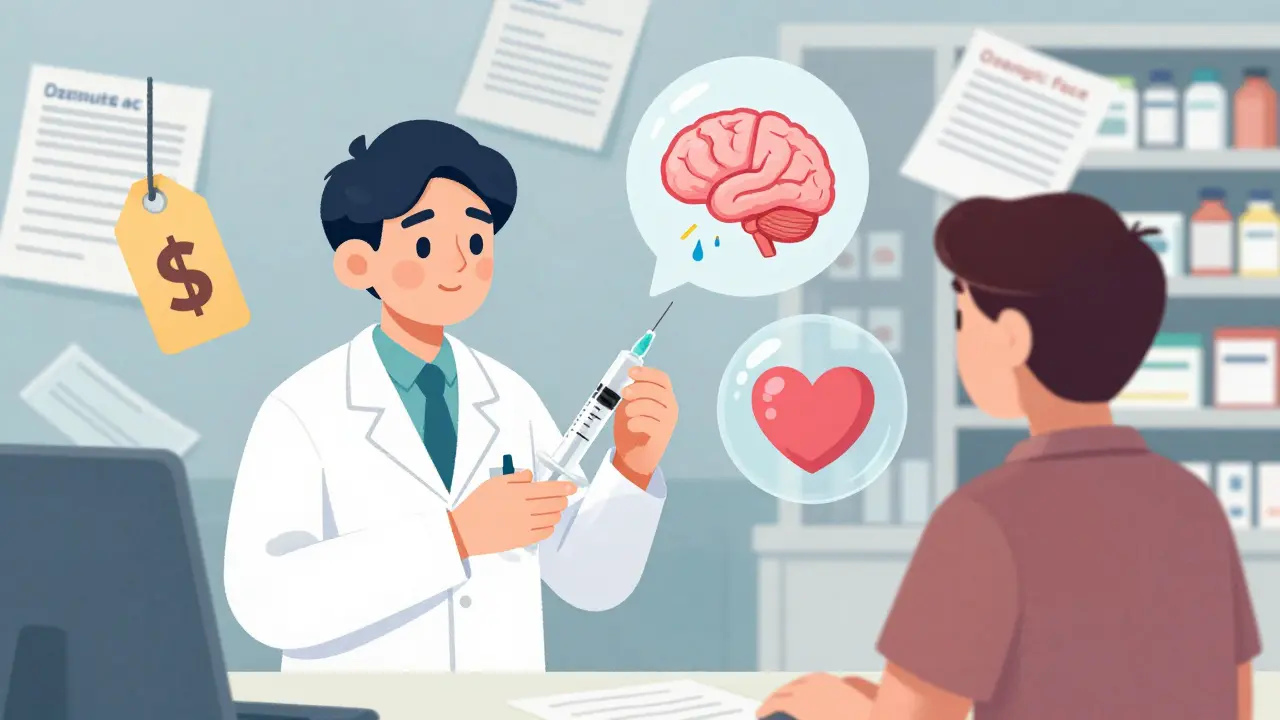 A patient receiving a GLP-1 injection surrounded by icons representing cost, facial changes, brain benefits, and heart protection.
