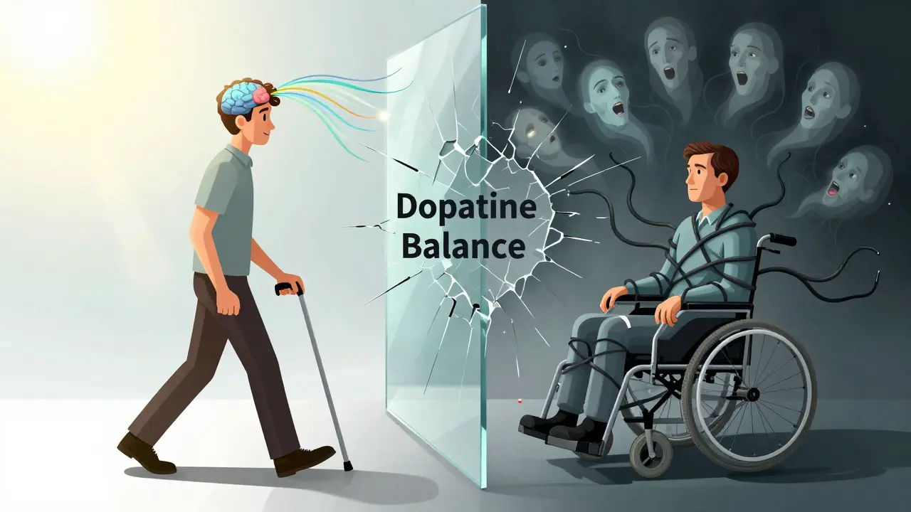 A patient split between mobility and paralysis, with dopamine flows blocked by shadowy antipsychotic forces and hallucinations swirling above.