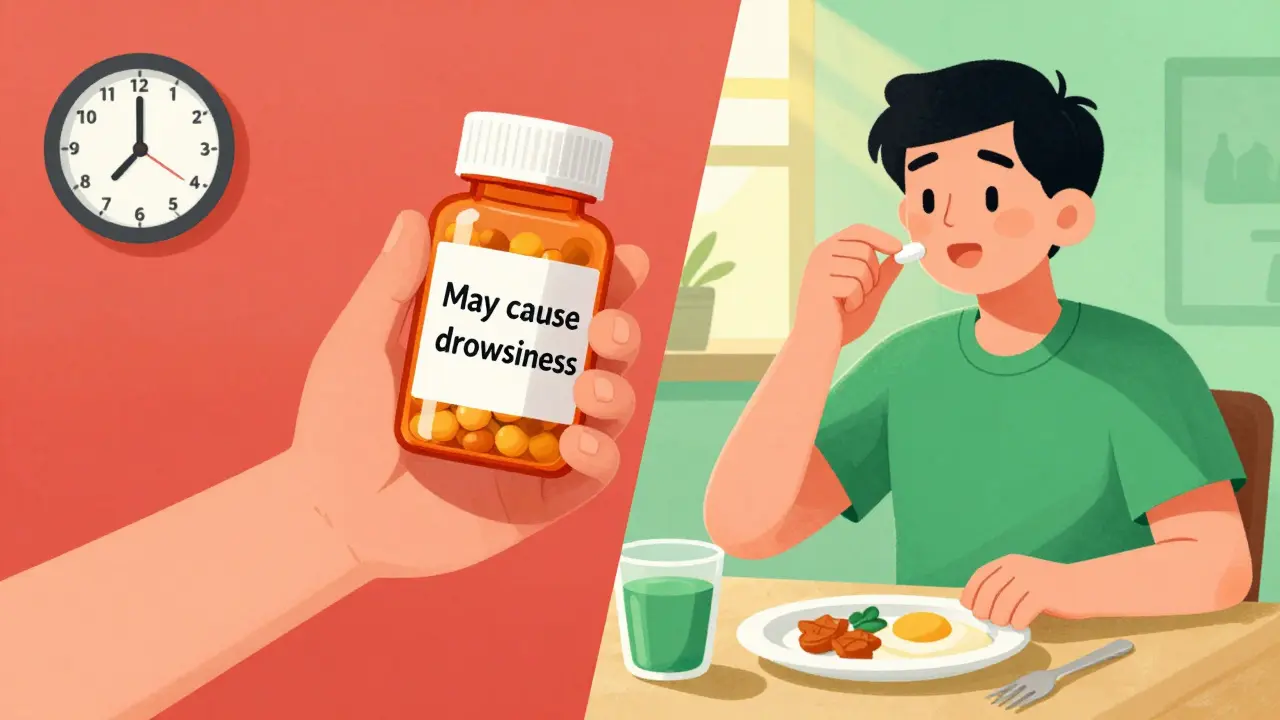 A person comparing safe and unsafe medication use with warning labels and daily timing cues.