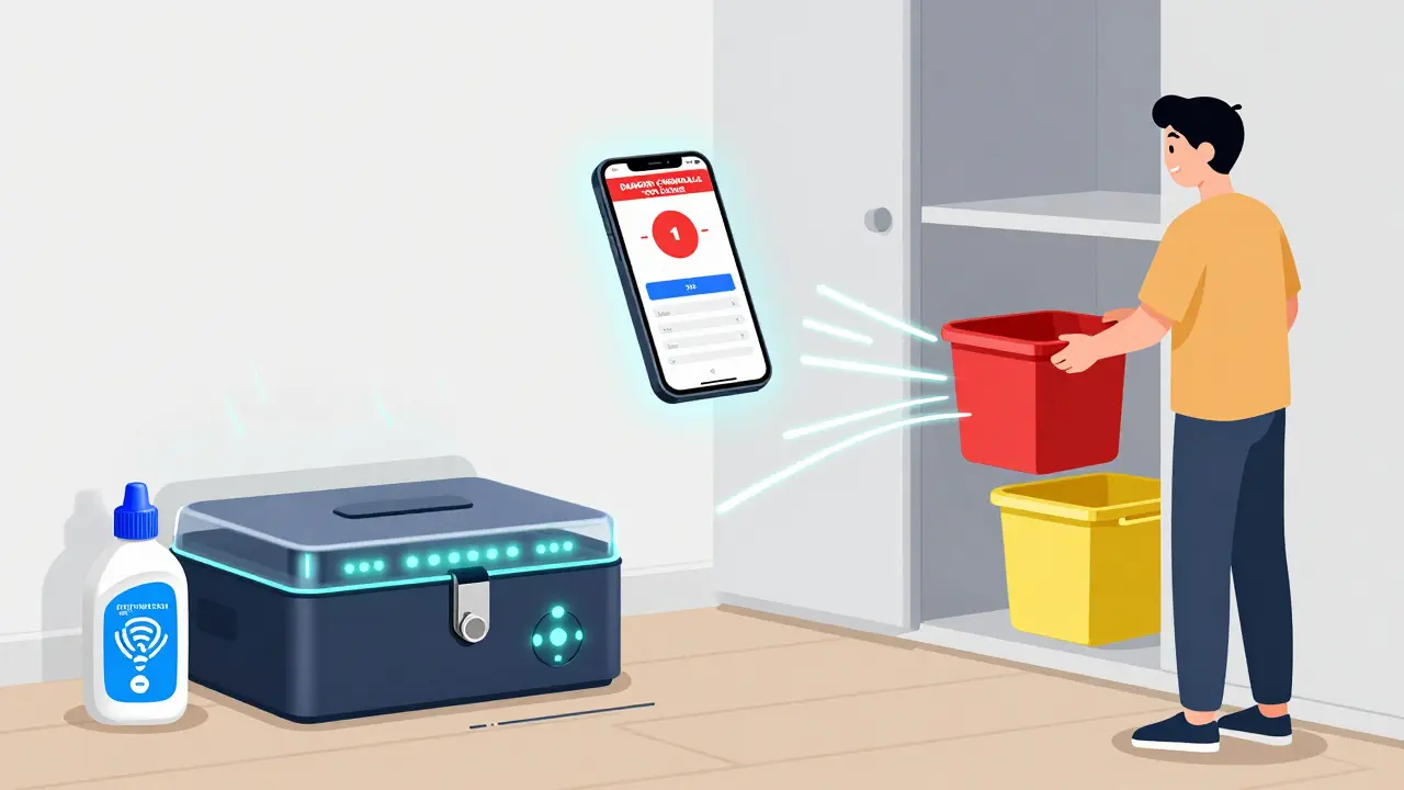 A smart storage box with glowing alerts and color-coded bins, warning of chemical proximity in a bedroom.
