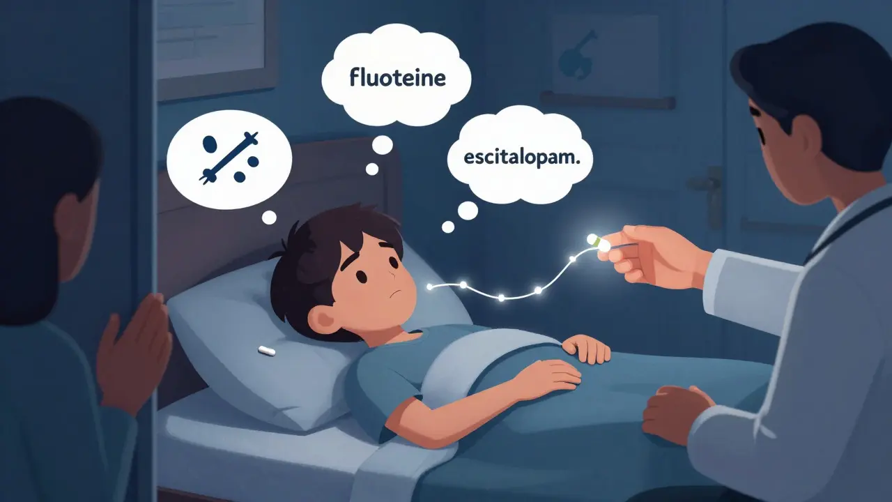 A teen in bed is surrounded by medication and negative thoughts, connected by a glowing thread to their parents' hands.