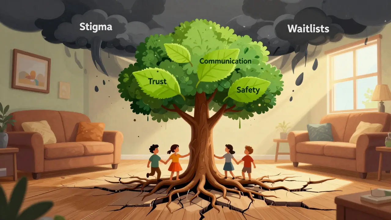 A tree with family-shaped roots grows through a living room, its leaves representing healing, as dark clouds fade above.