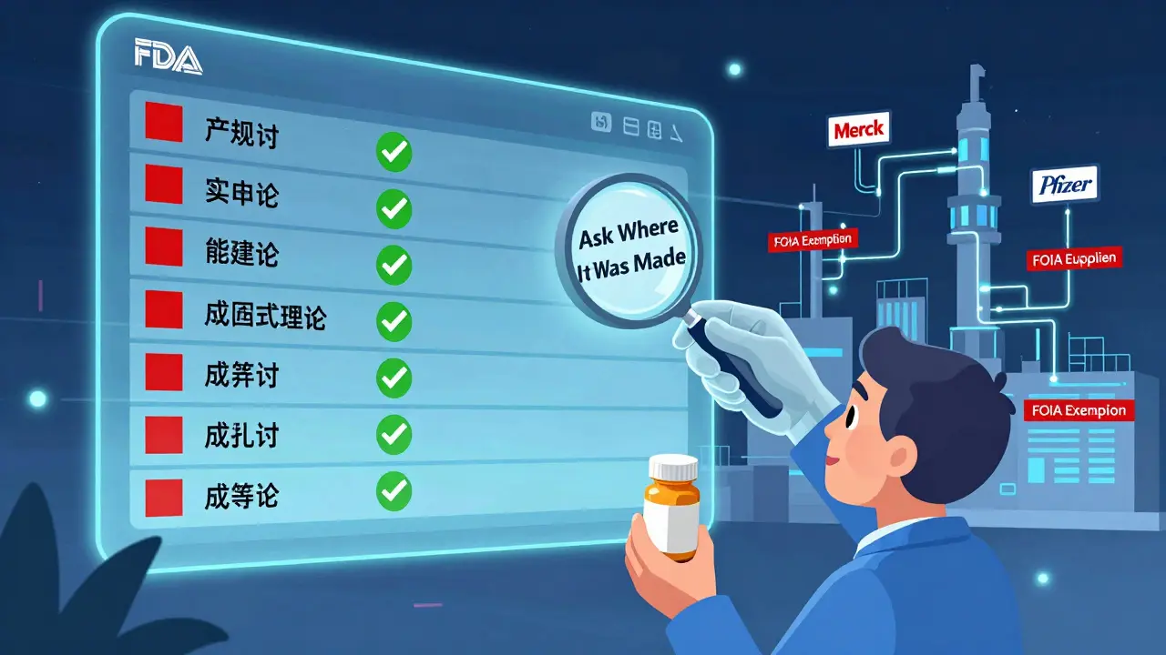 Consumer holding pill bottle, looking at transparent FDA inspection data wall with access barriers and public portals.