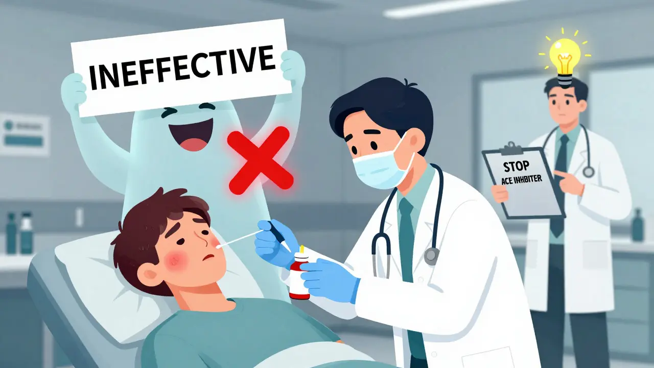 ER doctor giving ineffective epinephrine to patient with facial swelling, bradykinin ghost mocking treatment.