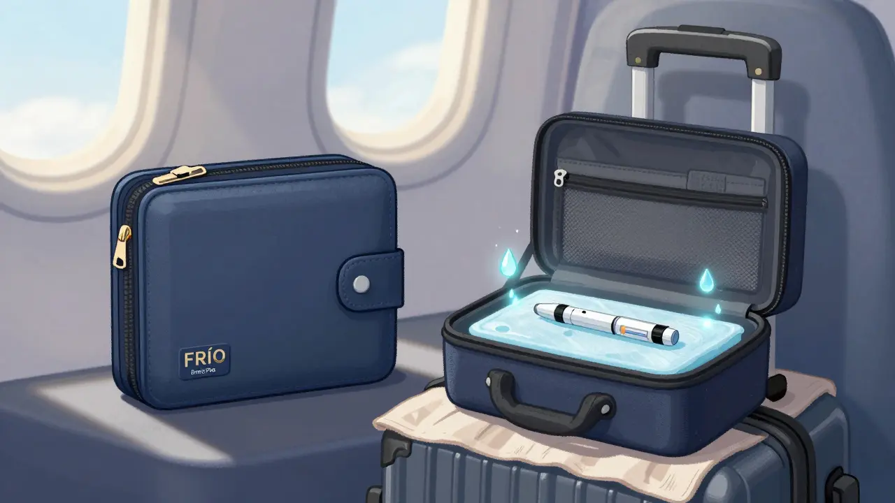FRÍO wallet and BreezyPack Pro cooling cases beside carry-on with spacer and insulin pen, contrasting safe and unsafe storage.