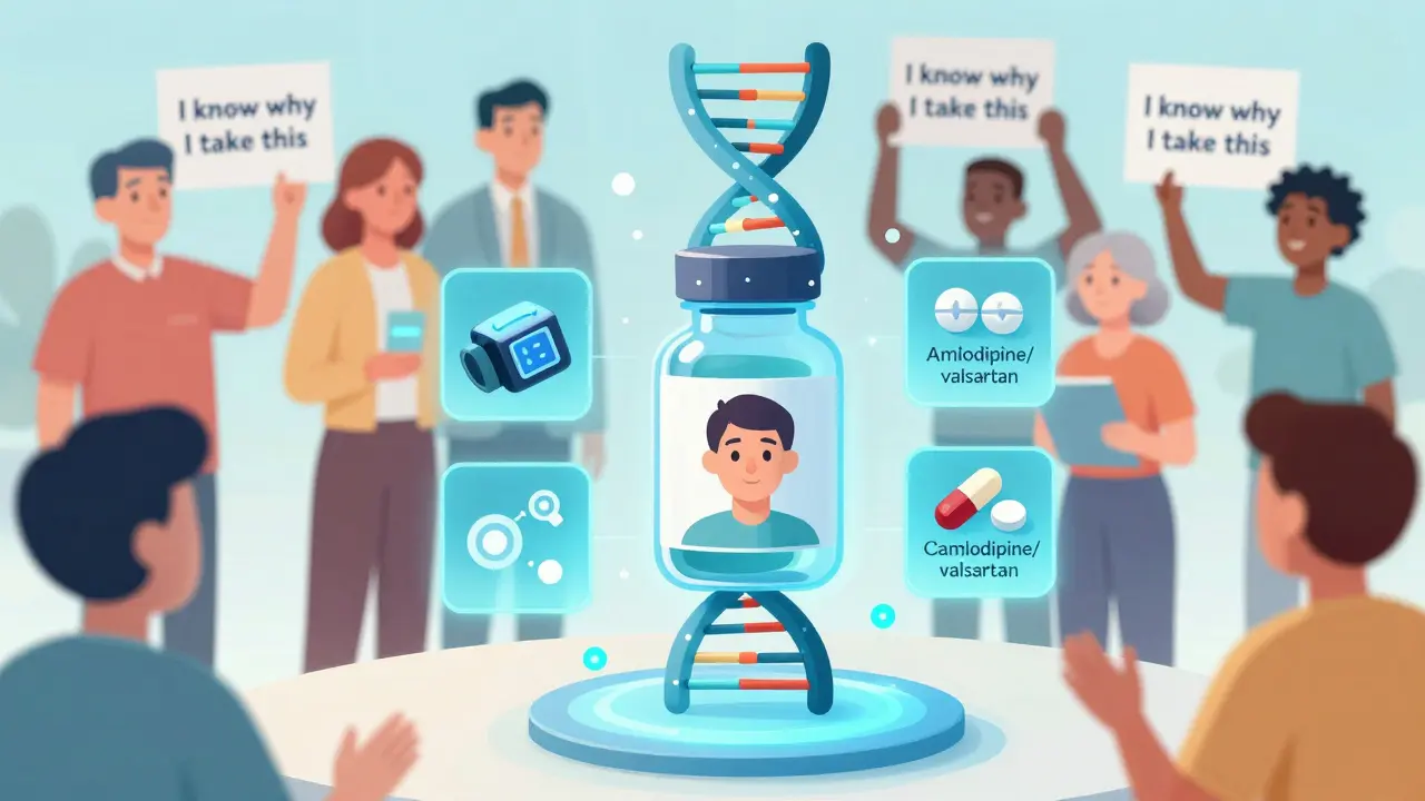Futuristic concept of personalized medicine with DNA, smart devices, and combination pills, symbolizing the future of hypertension treatment.