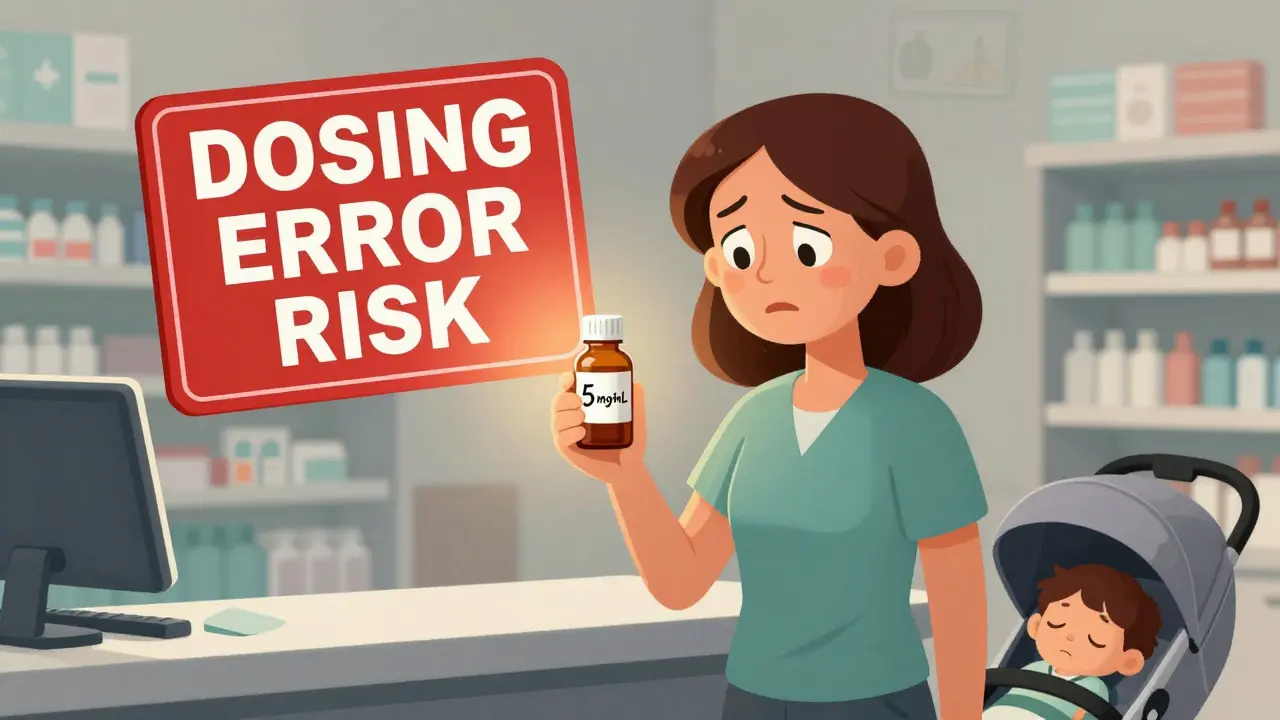 Mother holding compounded medicine bottle with a warning sign above her head.