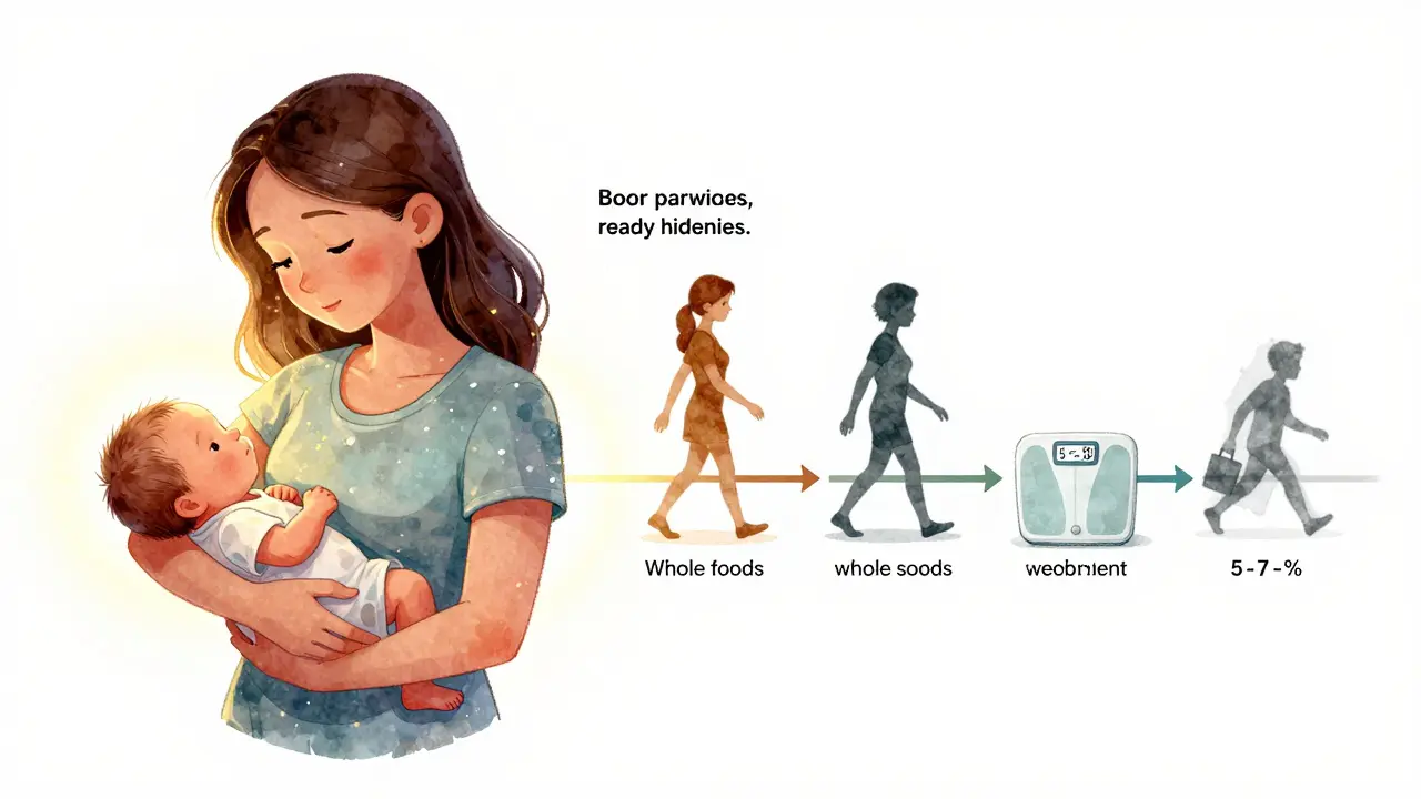 New mother with baby and timeline showing gestational diabetes resolution and healthy habits.