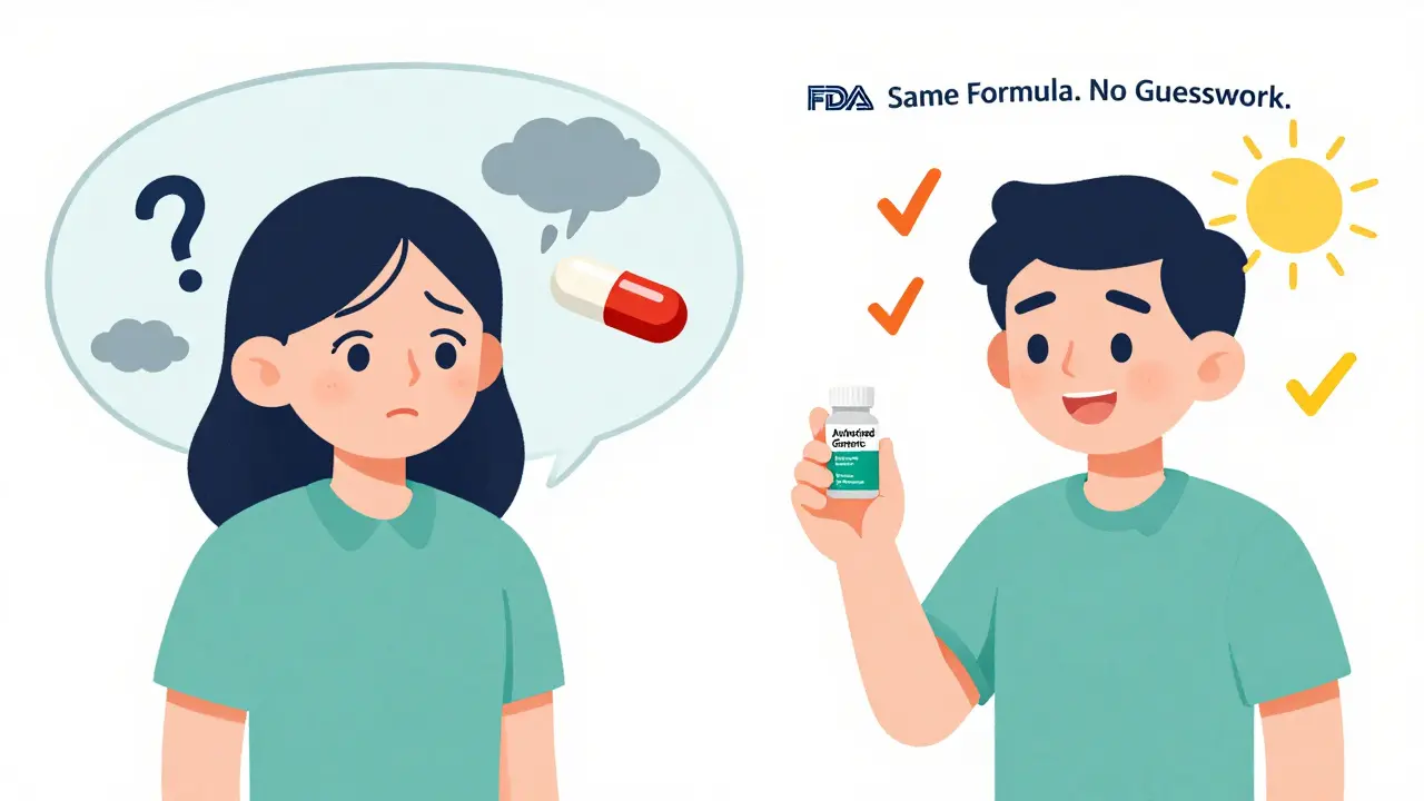 Patient's thought bubble: left side worried about pill change, right side calm with authorized generic and sunbeams.
