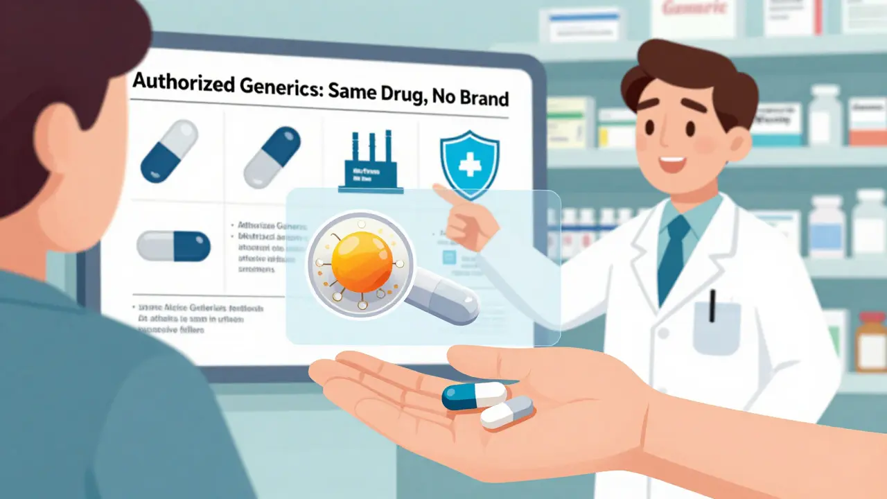 Patient holding two pills with transparent overlay revealing identical internal structure, pharmacist pointing to educational chart.