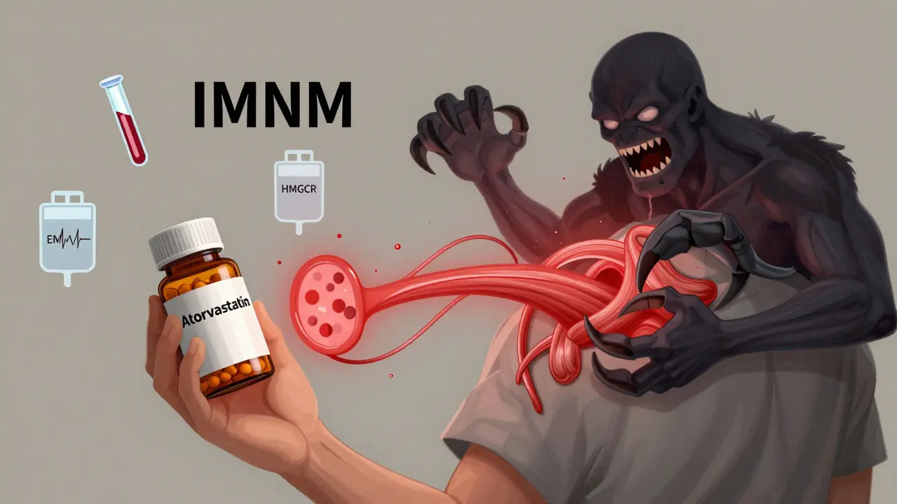 Patient with immune monster emerging from shoulder, symbolizing autoimmune attack on muscle tissue after statin use.