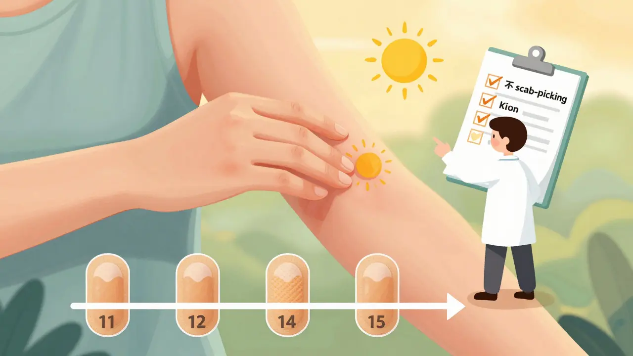 Person applying sunscreen to a healing scar with timeline and care checklist nearby.