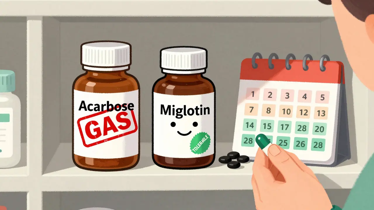 Pharmacy shelf comparing acarbose and miglitol with probiotics and charcoal, calendar showing improvement from red to green.