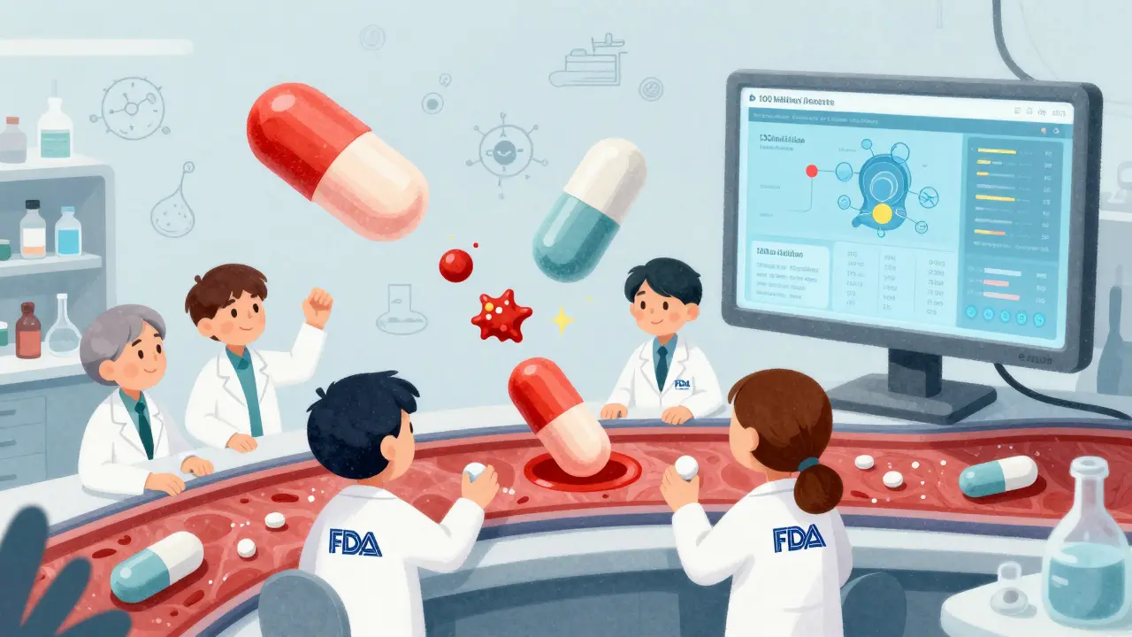 Scientists studying dissolving pills in a bloodstream with real-time patient data floating around them.