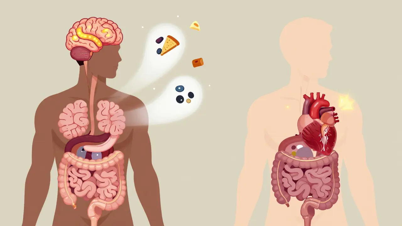 Side-by-side comparison of a person before and after GLP-1 medication, showing reduced cravings and improved health.