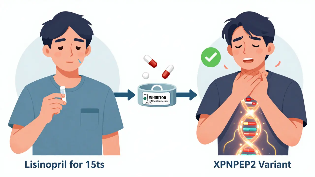 Split image: same person after 15 years on lisinopril, then swelling erupts, genetic variant and medical bracelet visible.