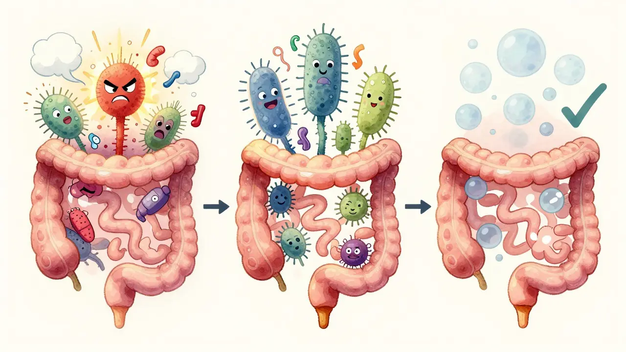 Split-panel illustration showing gut bacteria adapting from chaotic to calm over time with medical icons as characters.