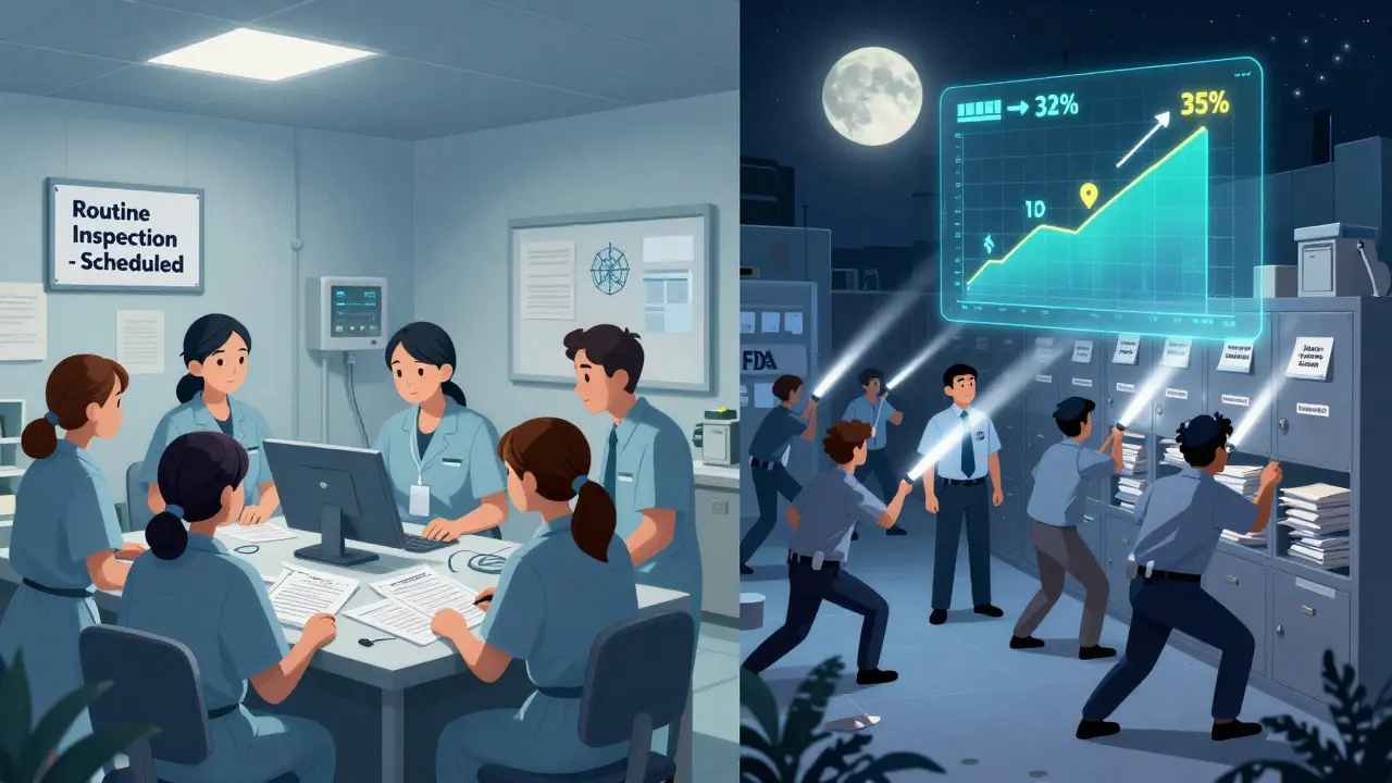 Split scene: calm domestic inspection vs. chaotic unannounced foreign inspection with rising percentage indicators.