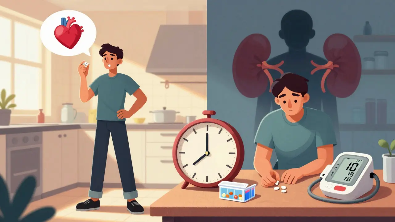 Split scene of a person choosing to take blood pressure medication versus ignoring it, with health outcomes shown symbolically.