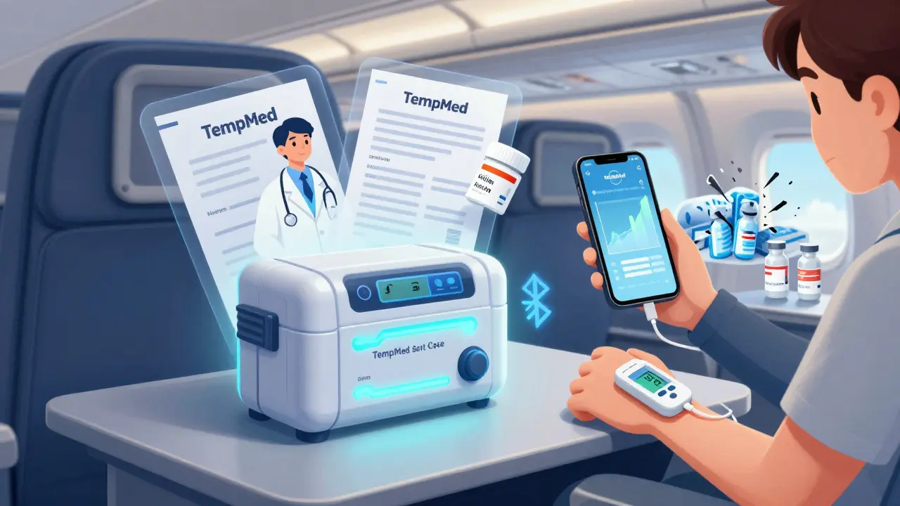 TempMed Smart Case glowing with Bluetooth connection to phone, doctor’s letter and labels nearby, cargo hold damage in background.