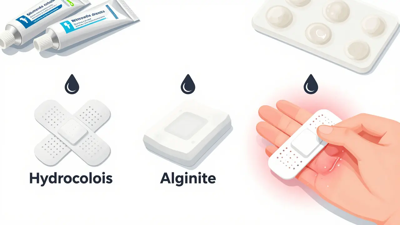 Three types of wound dressings displayed with petroleum jelly and silicone gel nearby.