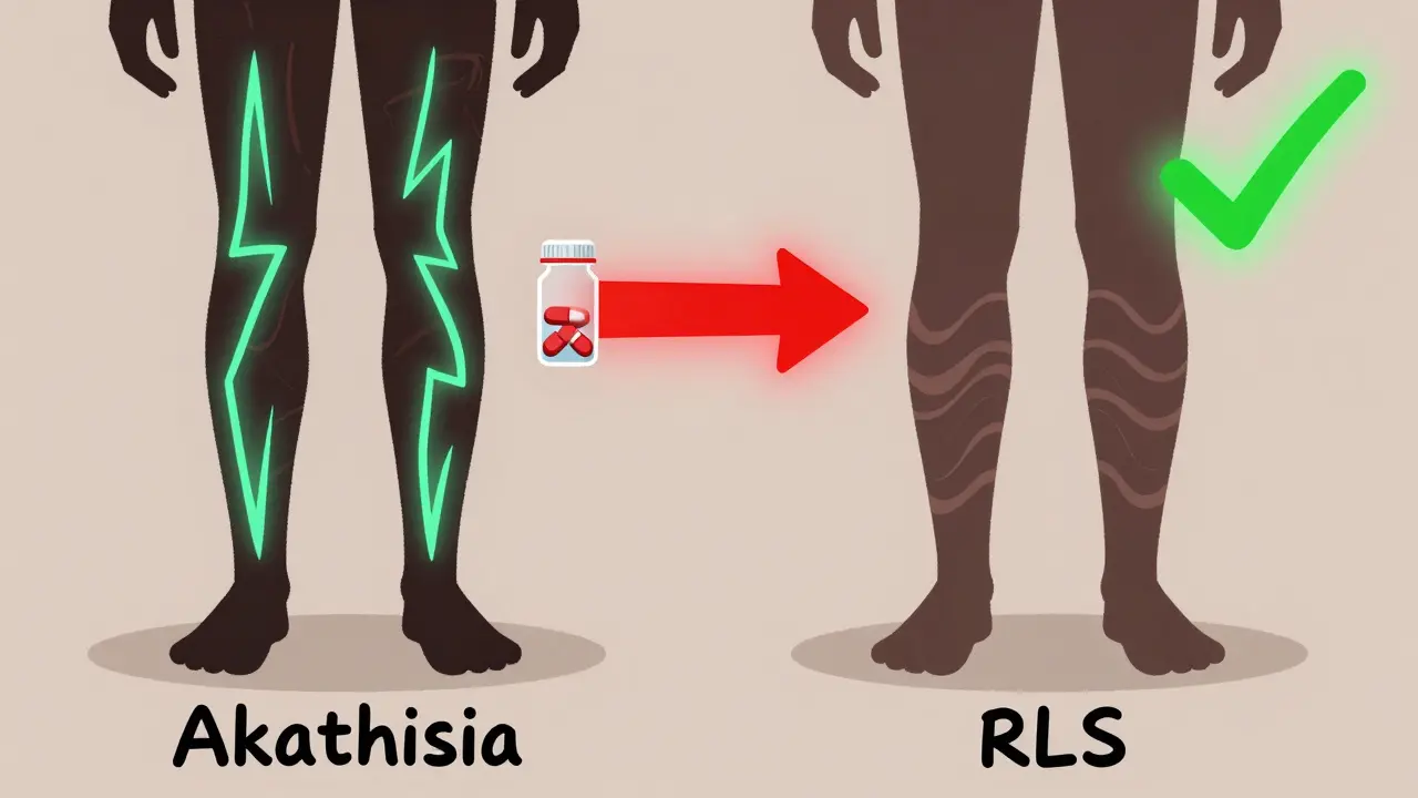 Two leg silhouettes side by side: one with full-body vibrations (akathisia), the other with only calf waves (RLS), labeled and contrasted with colored arrows.