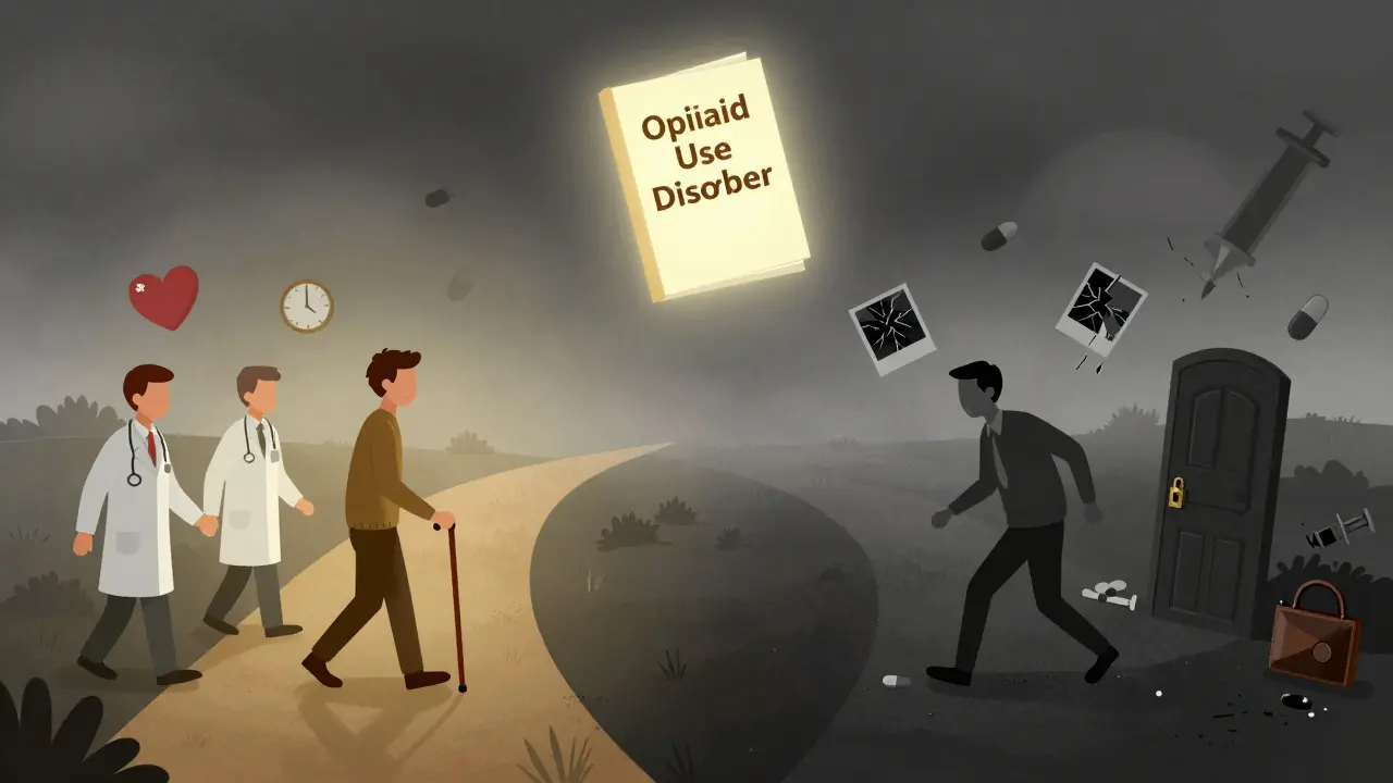Two parallel paths: one lit and supportive for safe tapering, the other dark and broken for opioid addiction, with a floating DSM-5 book above.