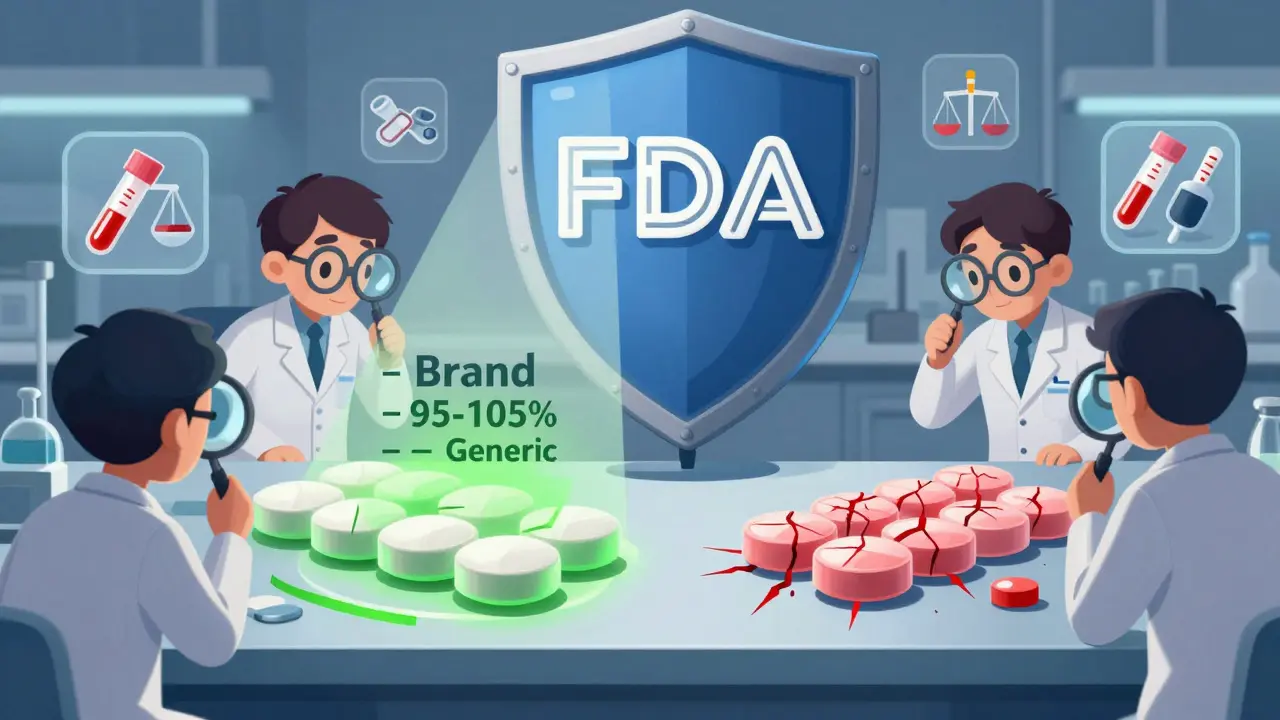 Two tablet batches on a lab bench; one compliant with 95-105% potency in green, the other cracked and non-compliant in red, under an FDA shield.