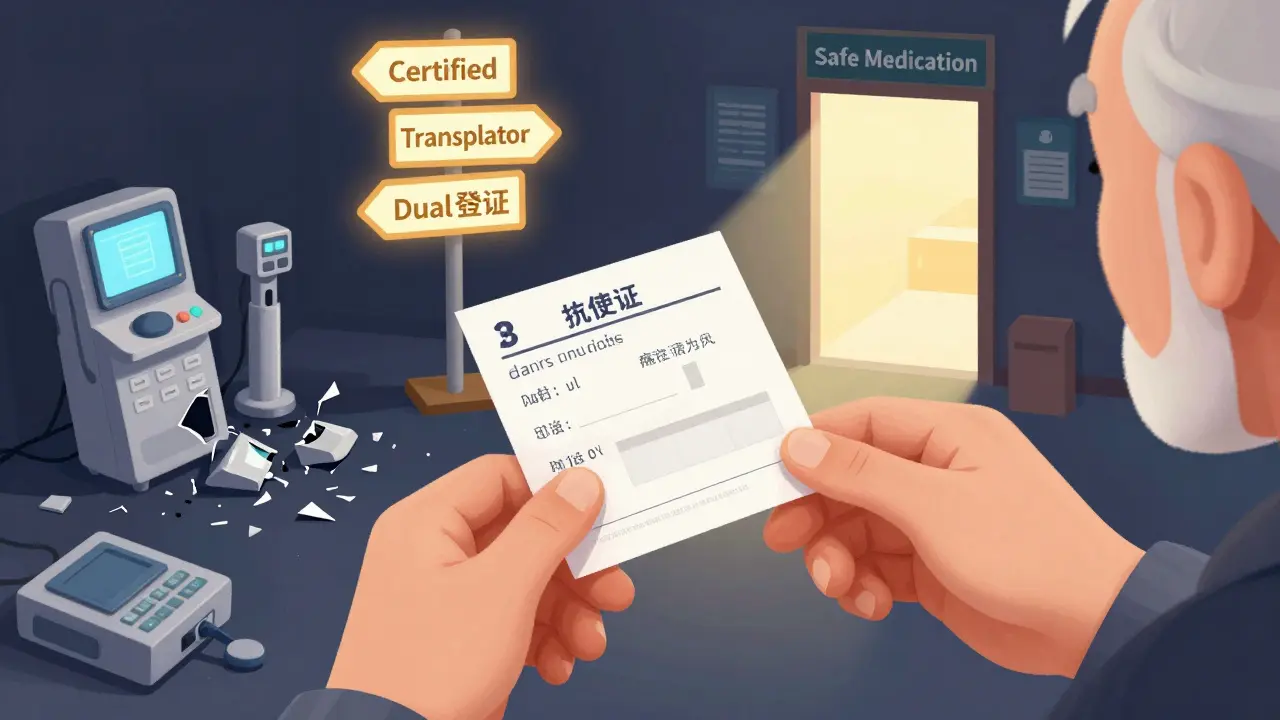 A hand giving a bilingual prescription label while broken translation machines lie shattered, symbolizing safe, verified medication practices.