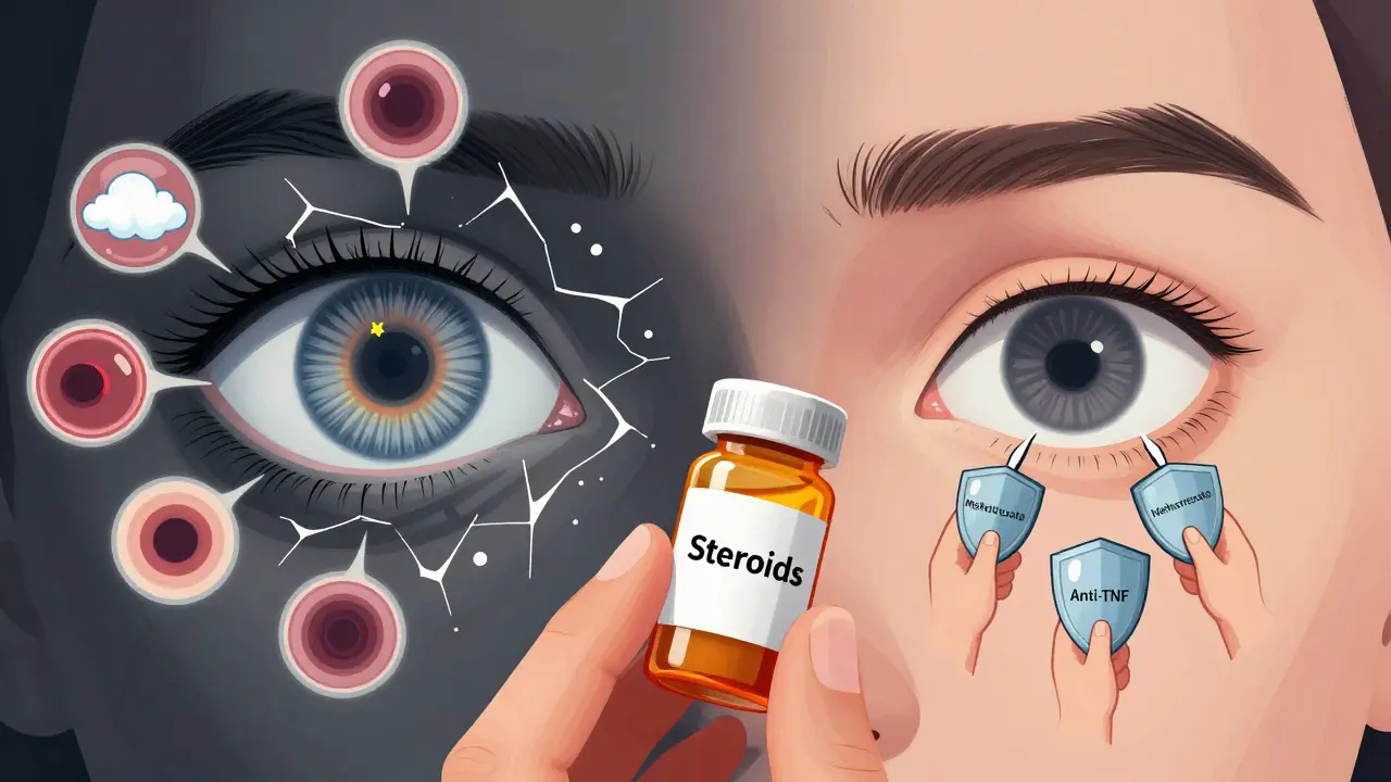A patient holding steroid medication as a damaged eye fractures into complications, while healing agents repair it.