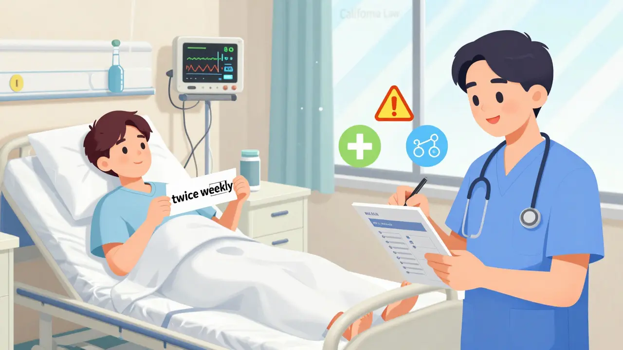 A patient in hospital with wrong dosage label beside a certified translator checking a correct label, highlighting the difference between machine error and human care.