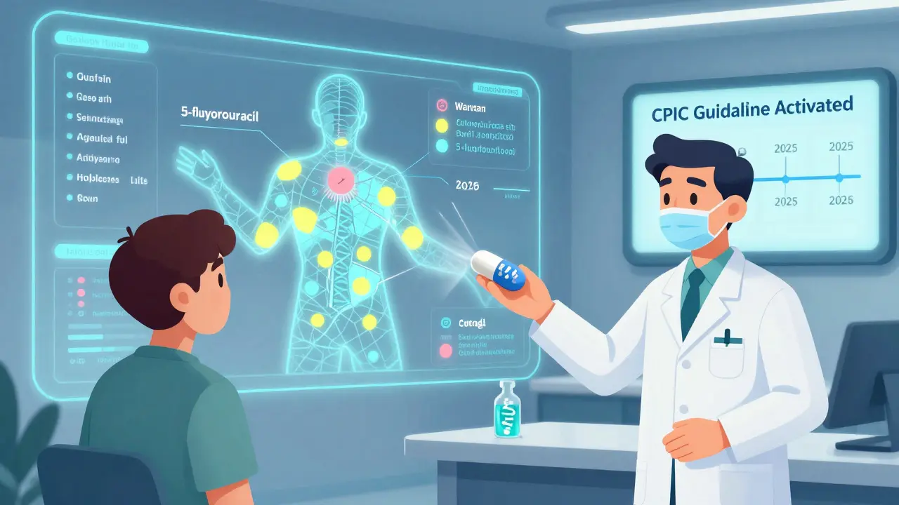 A pharmacist hands a patient a custom pill with embedded DNA, as their genetic profile glows on a clinic wall with CPIC guidelines displayed.