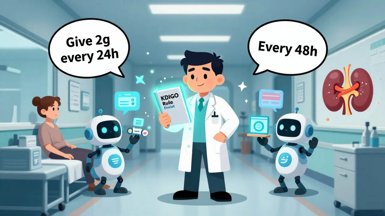 A pharmacist holding KDIGO guidelines amid clashing hospital dosing rules, with AI and EHR alerts helping resolve confusion.