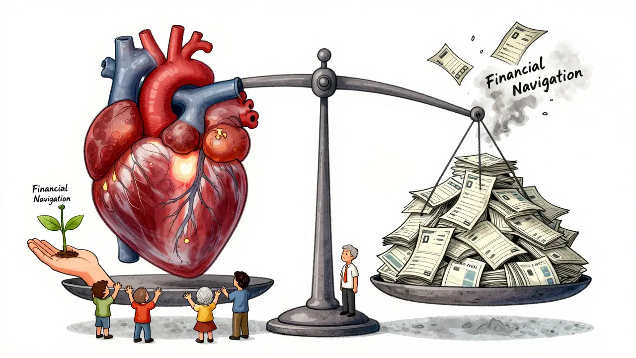 A scale balancing a patient’s heart against mountains of medical bills, with tiny hands reaching up for support.